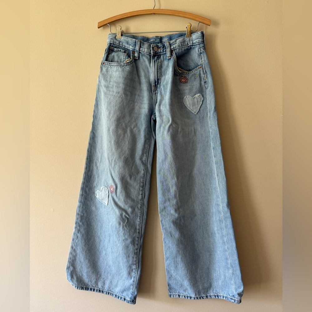 Old Navy Girls Light Blue Flare Jeans with Hearts and flower embroidery